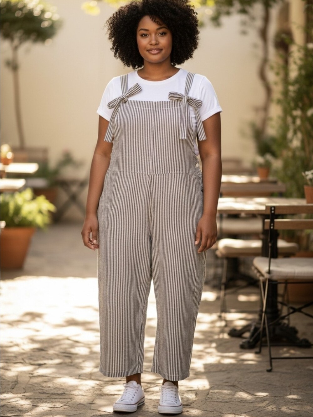 Women's 2XL Black White Pinstripe Tie Strap Overall Jumpsuit Wide Leg W/ Pockets